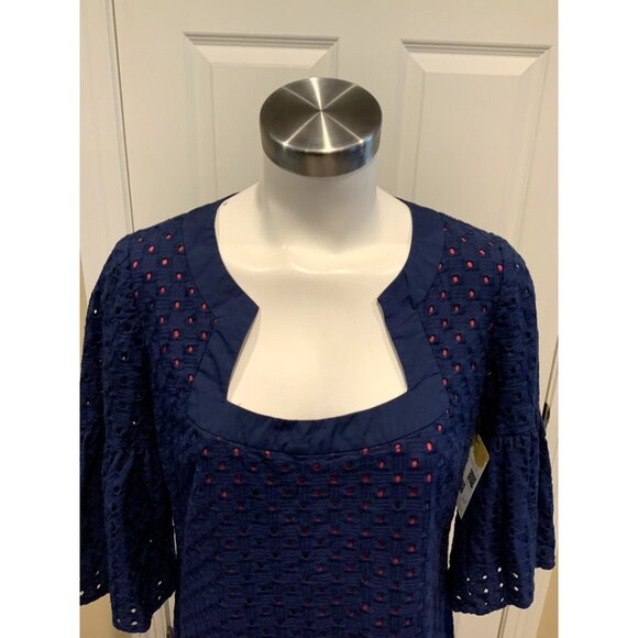 Trina Turk Navy Blue Eyelet Shift Dress W/ Dark Pink Lining, Size 8 (US) - Picture 2 of 6